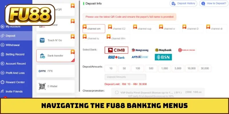Navigating the FU88 banking menus